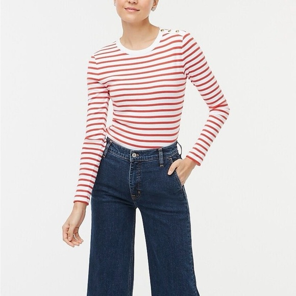 NWT J.Crew Striped Button-Shoulder Tee Sz S - Picture 1 of 10